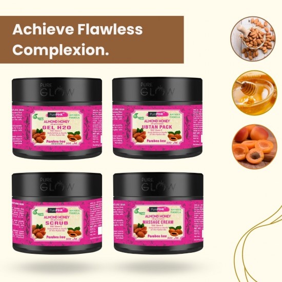 PurePINK Almond and Honey with Apricot Extract Facial Kit (2000 ml) Scrub | Gel | Massage Cream | Ubtan Pack (500 ml each)