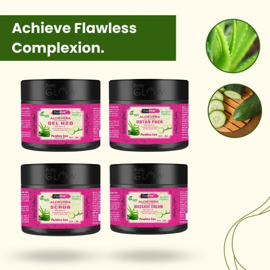 PurePINK Aloevera With Cucumber Extract Facial Kit (2000 ml) Scrub | Gel | Massage Cream | Ubtan Pack (500 ml each)