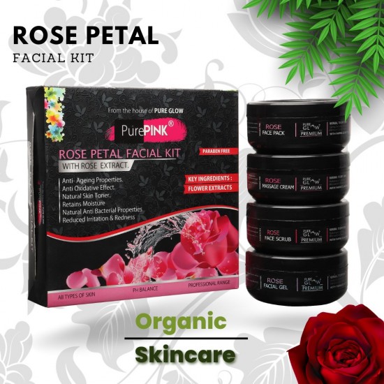 PurePINK Rose Petal Facial Kit 400 ml (Scrub, Gel, Massage Cream, Face Pack) 